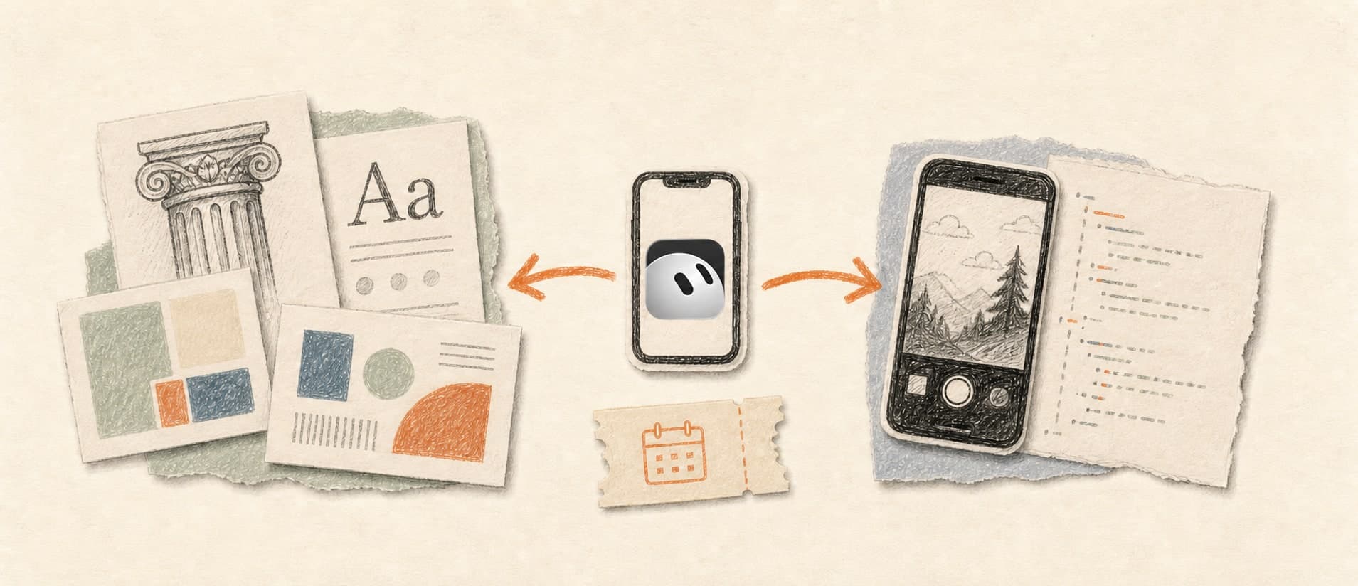 A paper-and-pencil illustration of the Grok Bot app icon connecting design references, a camera app, and a meetup ticket.