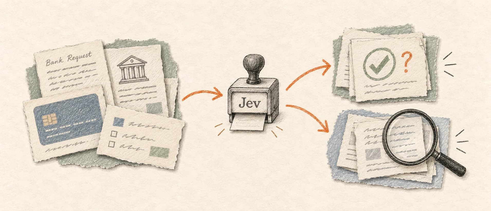 A pencil-and-paper illustration of banking requests passing through a Jev stamp into accepted and human-review stacks, with a question mark beside an accepted decision.