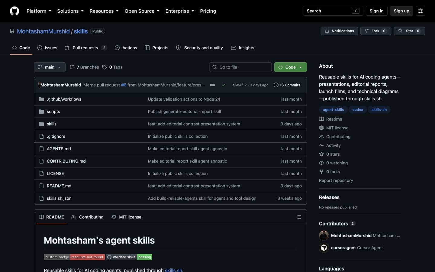 The public GitHub repository for Mohtasham's reusable agent skills