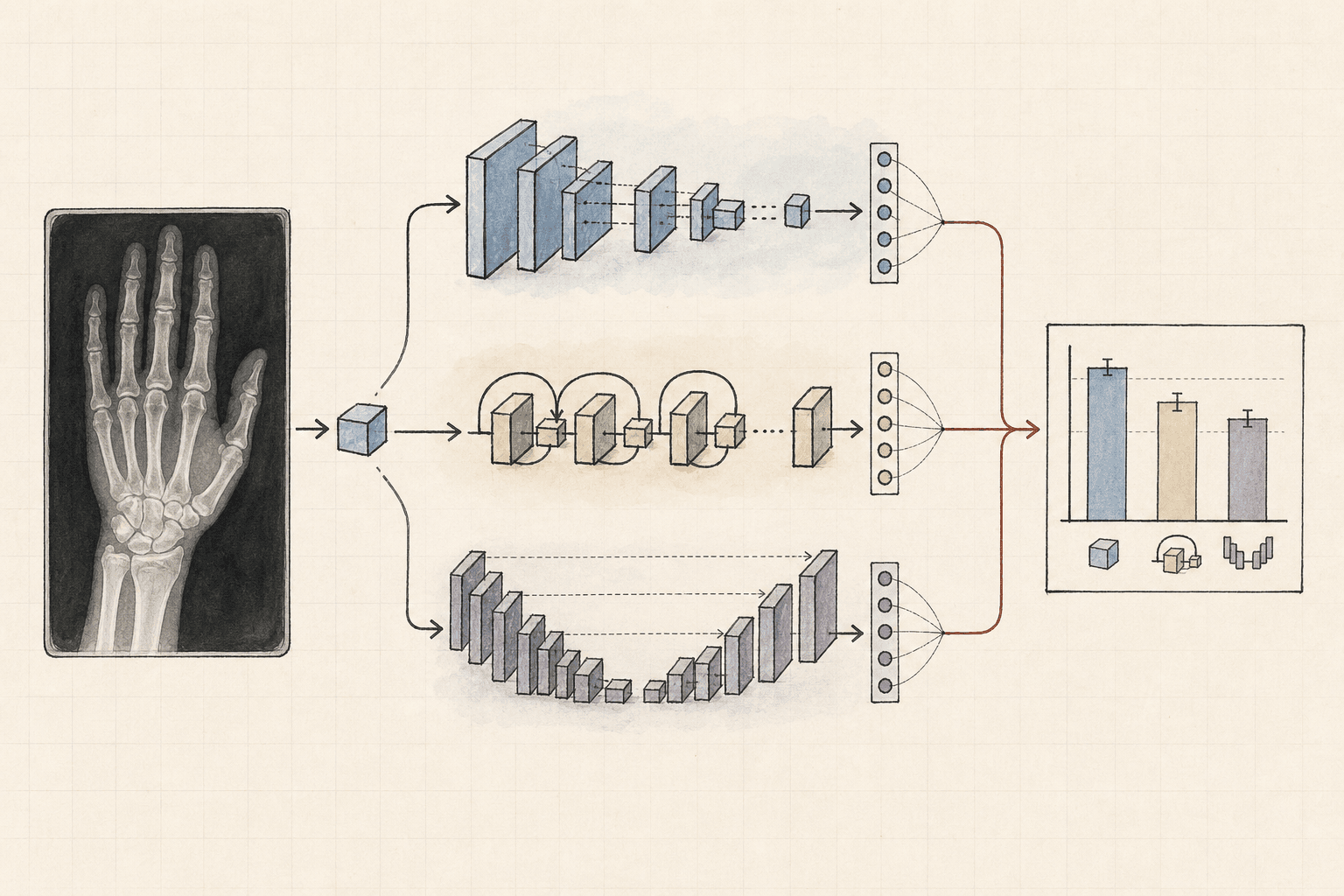A hand-drawn X-ray feeding into three neural-network paths and a result chart.