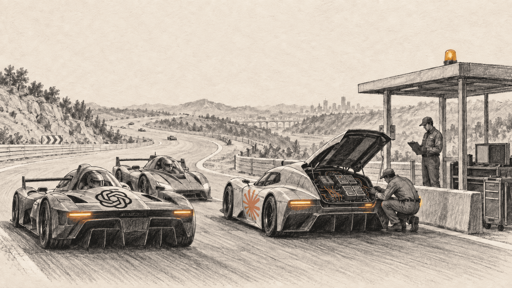 Pencil illustration of race cars at a safety checkpoint, with the Claude logo on the car being inspected and the ChatGPT logo on a following car.