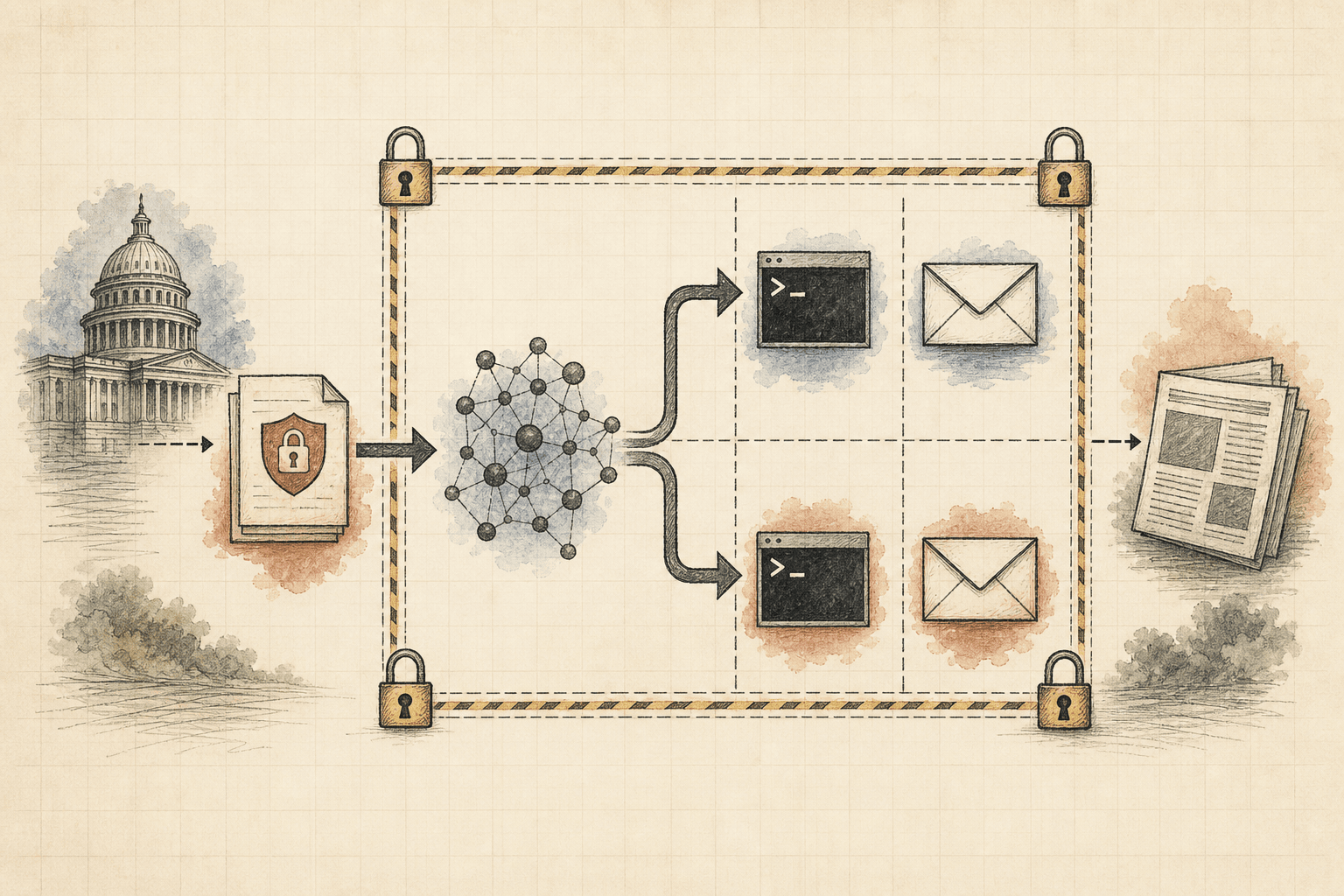 A hand-drawn model inside a sandbox choosing between terminal and email tools.