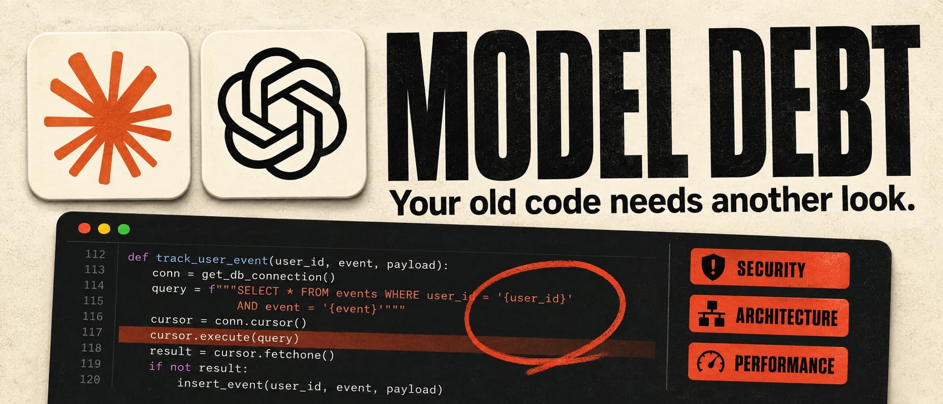 Claude and ChatGPT logos beside the headline Model Debt and a code review highlighting security, architecture, and performance.