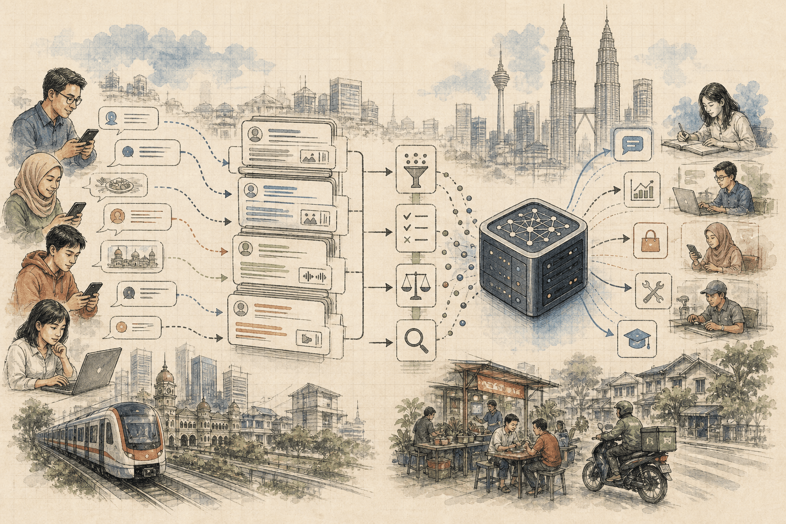 A hand-drawn Malaysian instruction-data pipeline connecting local conversations to a language model.