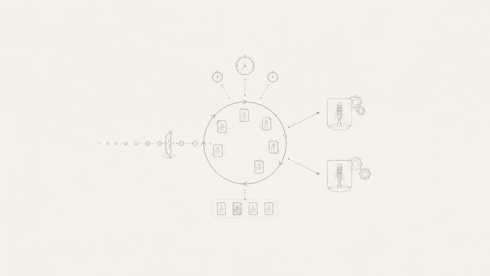 A hand-drawn Node.js event loop with timers, queued work, and worker threads.