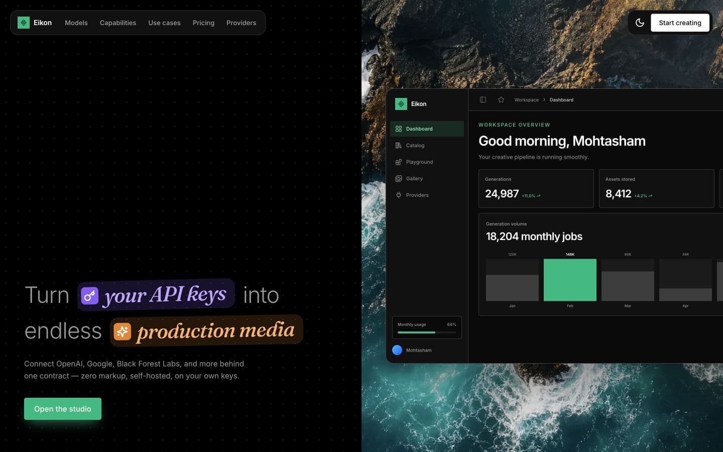 The Eikon Studio landing page showing its bring-your-own-key media pipeline and dashboard