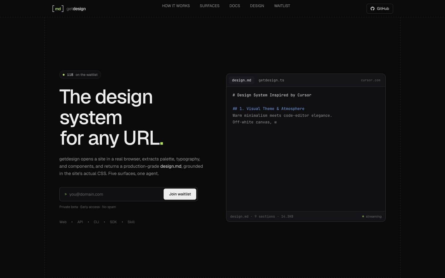 The getdesign landing page with a URL input and an example design document