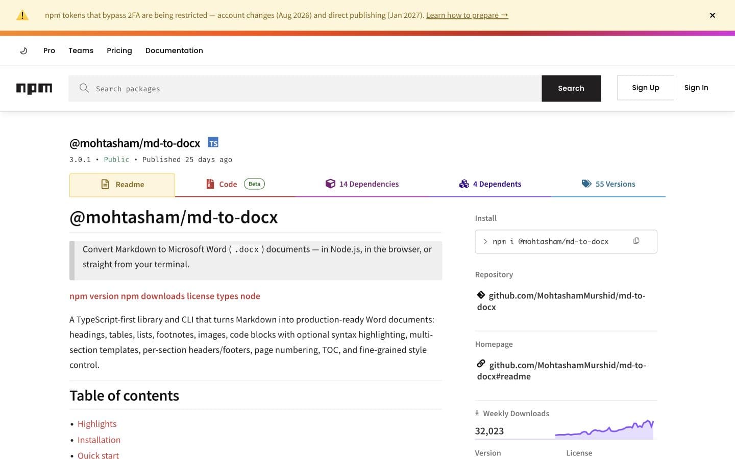 The published md-to-docx package page on npm