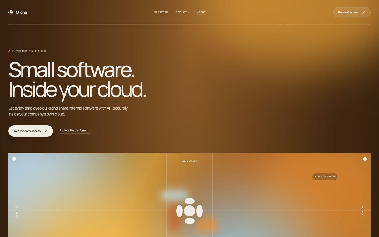 The Oikina landing page introducing the small cloud
