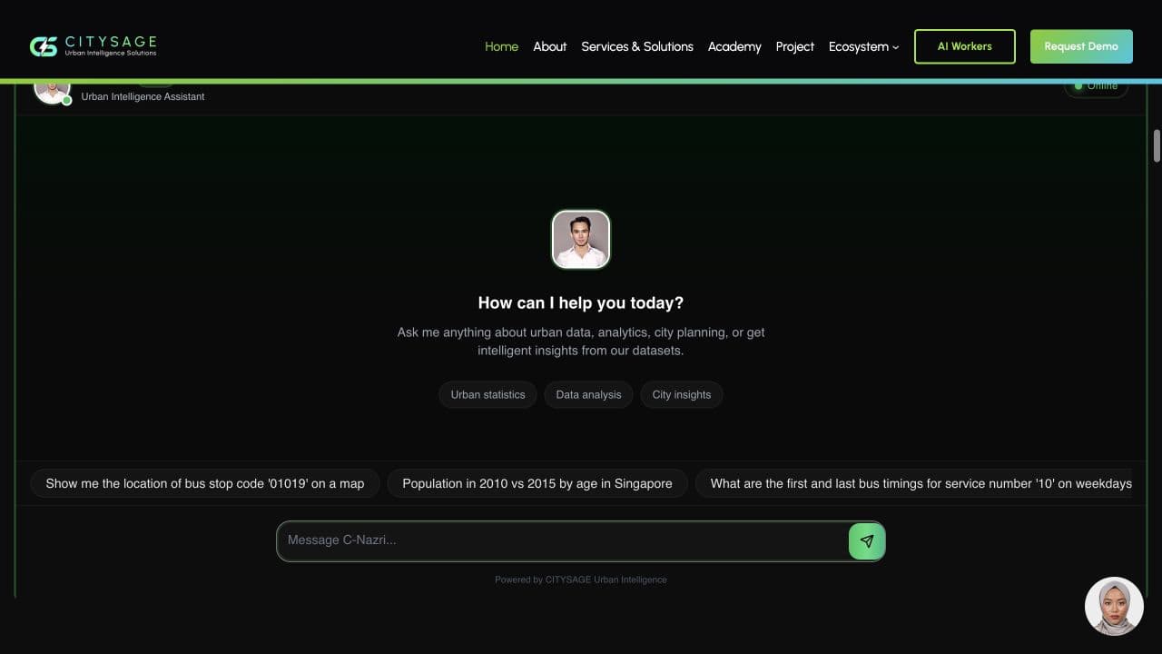 The public Citysage urban intelligence assistant interface.