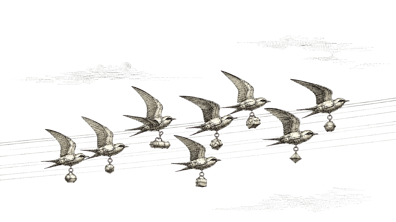 Engraved mechanical courier birds carrying small data capsules.