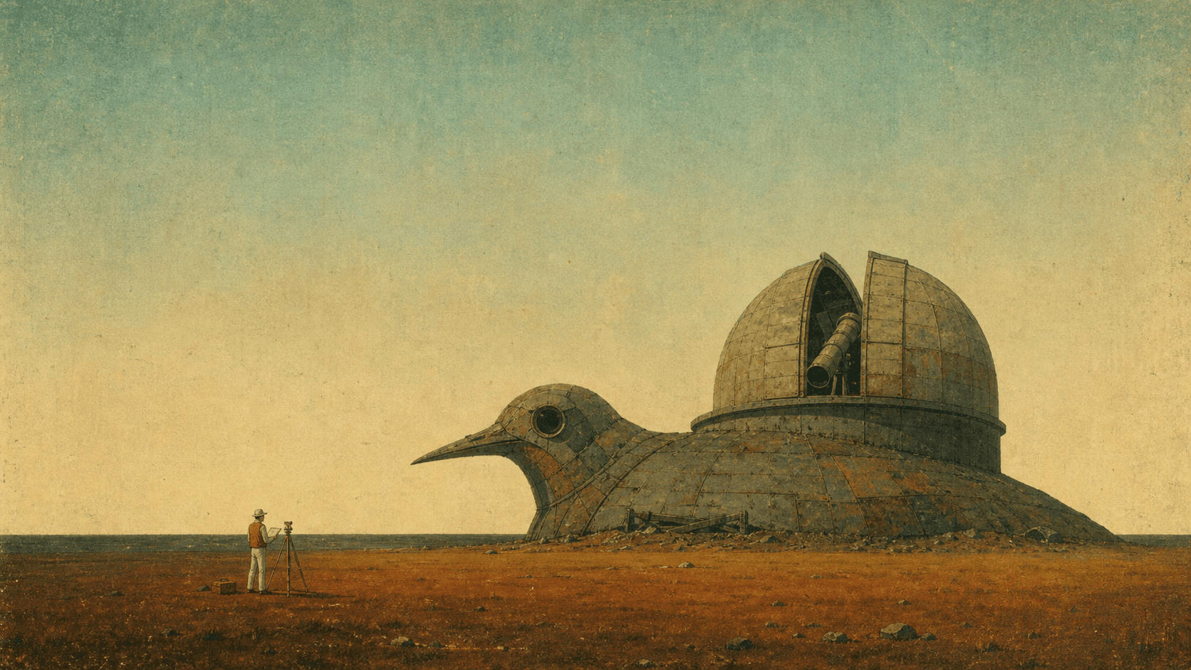 A tiny surveyor observes an enormous mechanical bird observatory in a faded landscape.