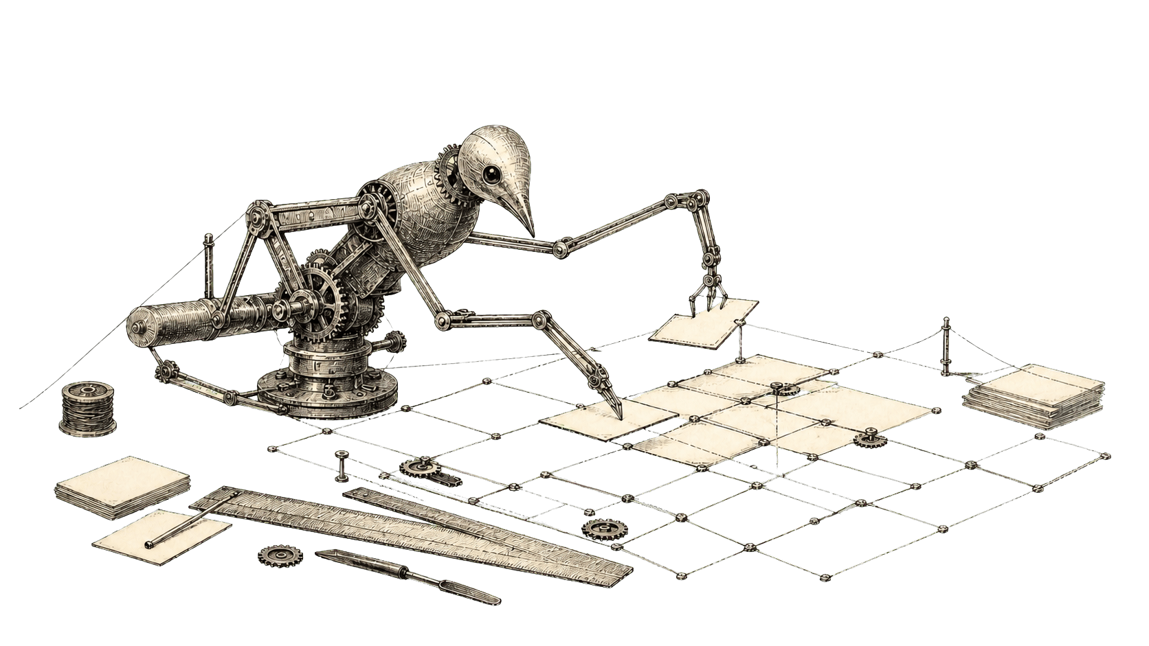An engraved mechanical bird drafts an interface from cards, rulers, gears, and thread.