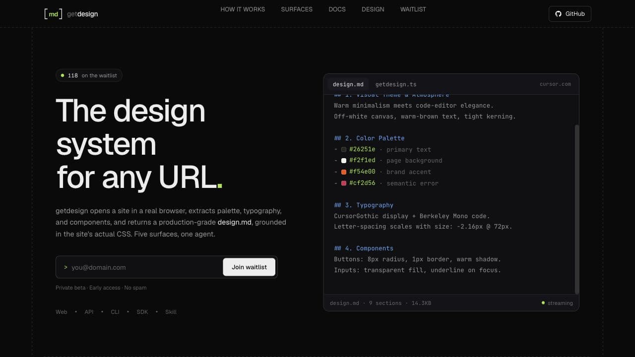 The public getdesign interface showing its design-system extraction workflow.