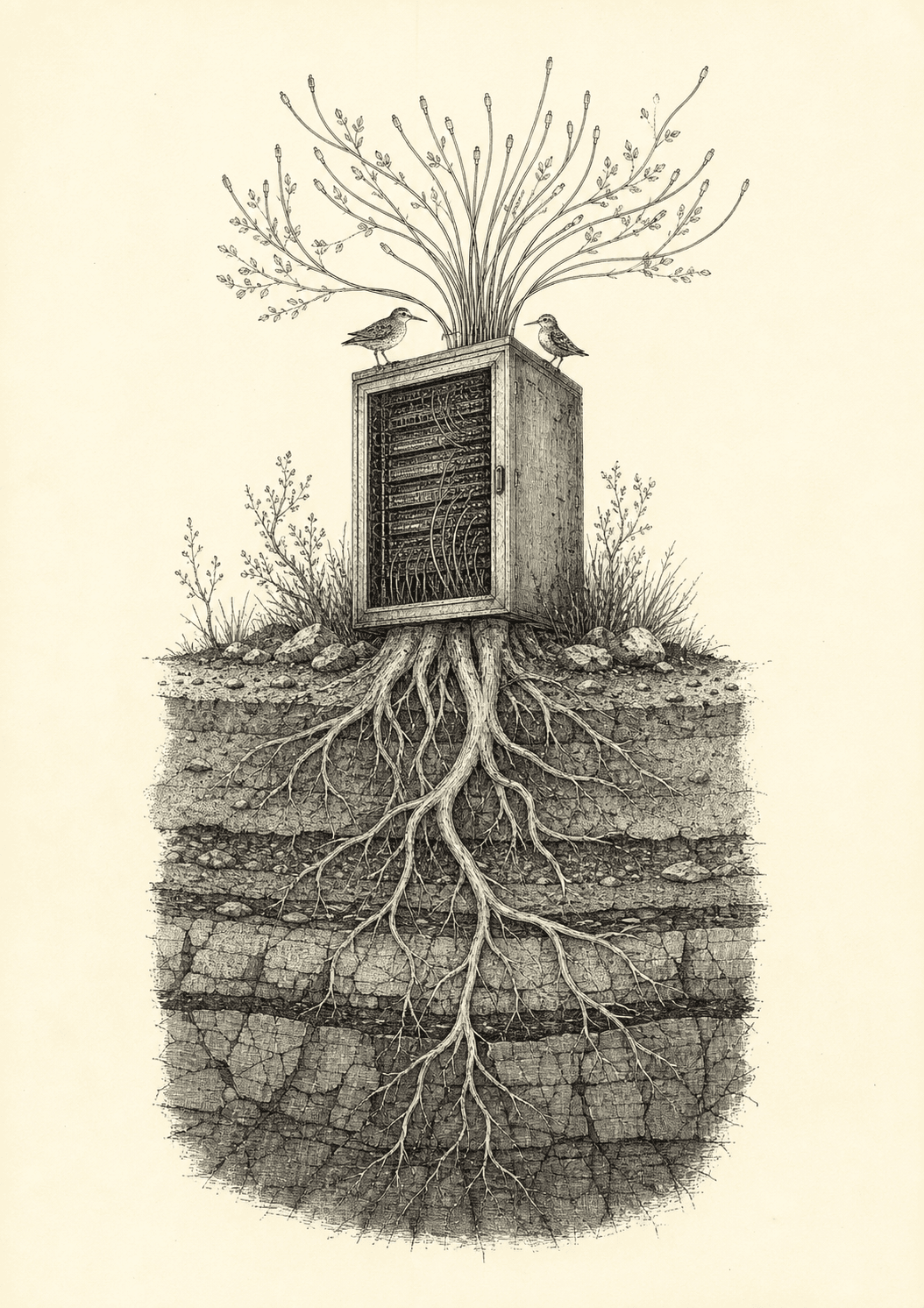 An engraved server cabinet grows roots into layers of earth while cables sprout like branches.