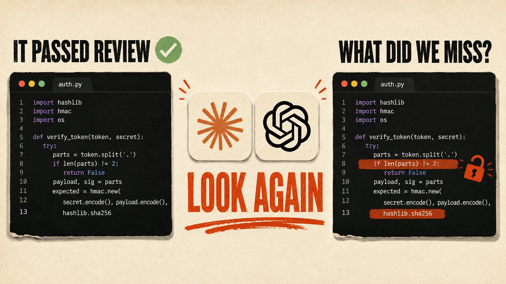 Claude and ChatGPT logos between two illustrated code reviews, with the phrases It passed review, Look again, and What did we miss?